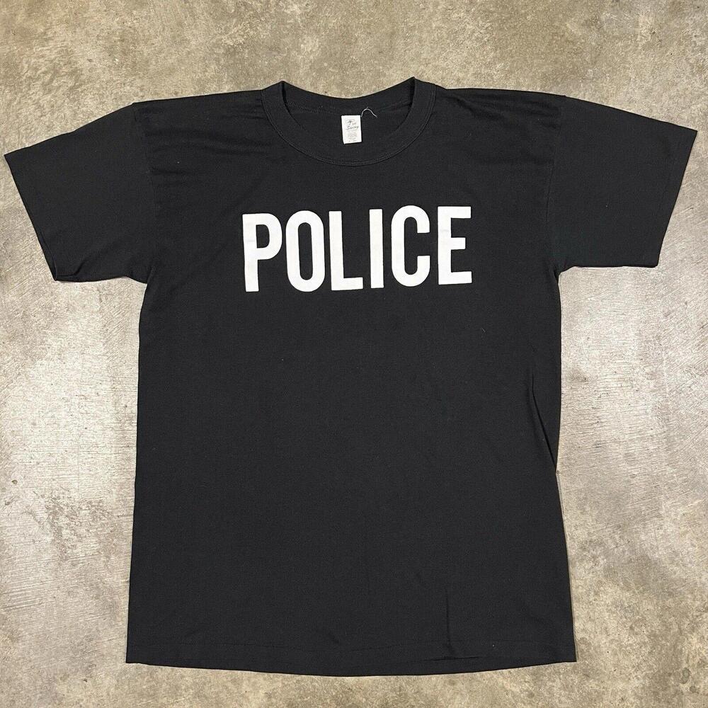 Vintage 80s T Shirt Police Double Sided Sz XL Made In USA Black Thin Tee Swing
